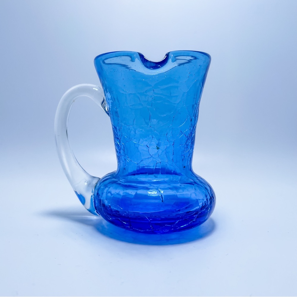 Collector Vintage Small Handblown Cobalt Blue Cracked Glass Pitcher